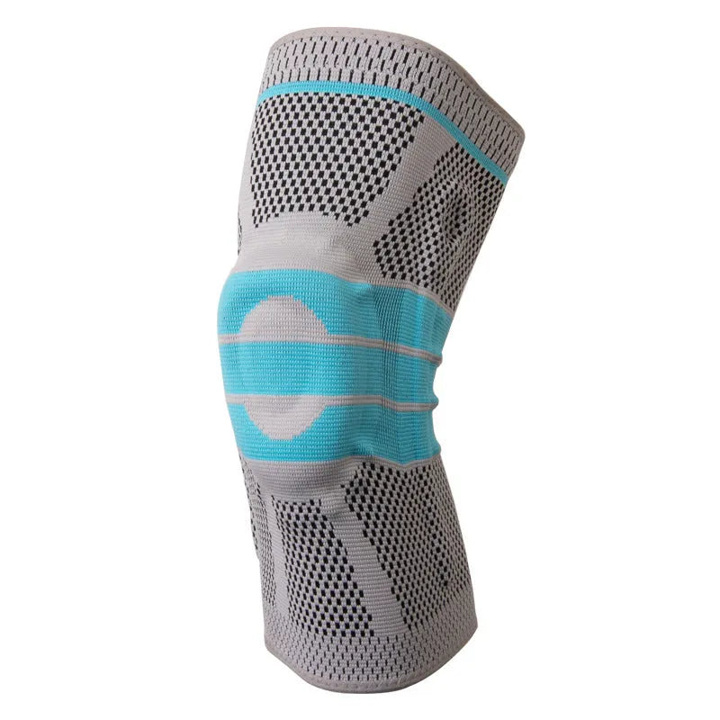 Sky blue elastic fibre knee pad for sports support, shown in size selection S, M, L, XL.