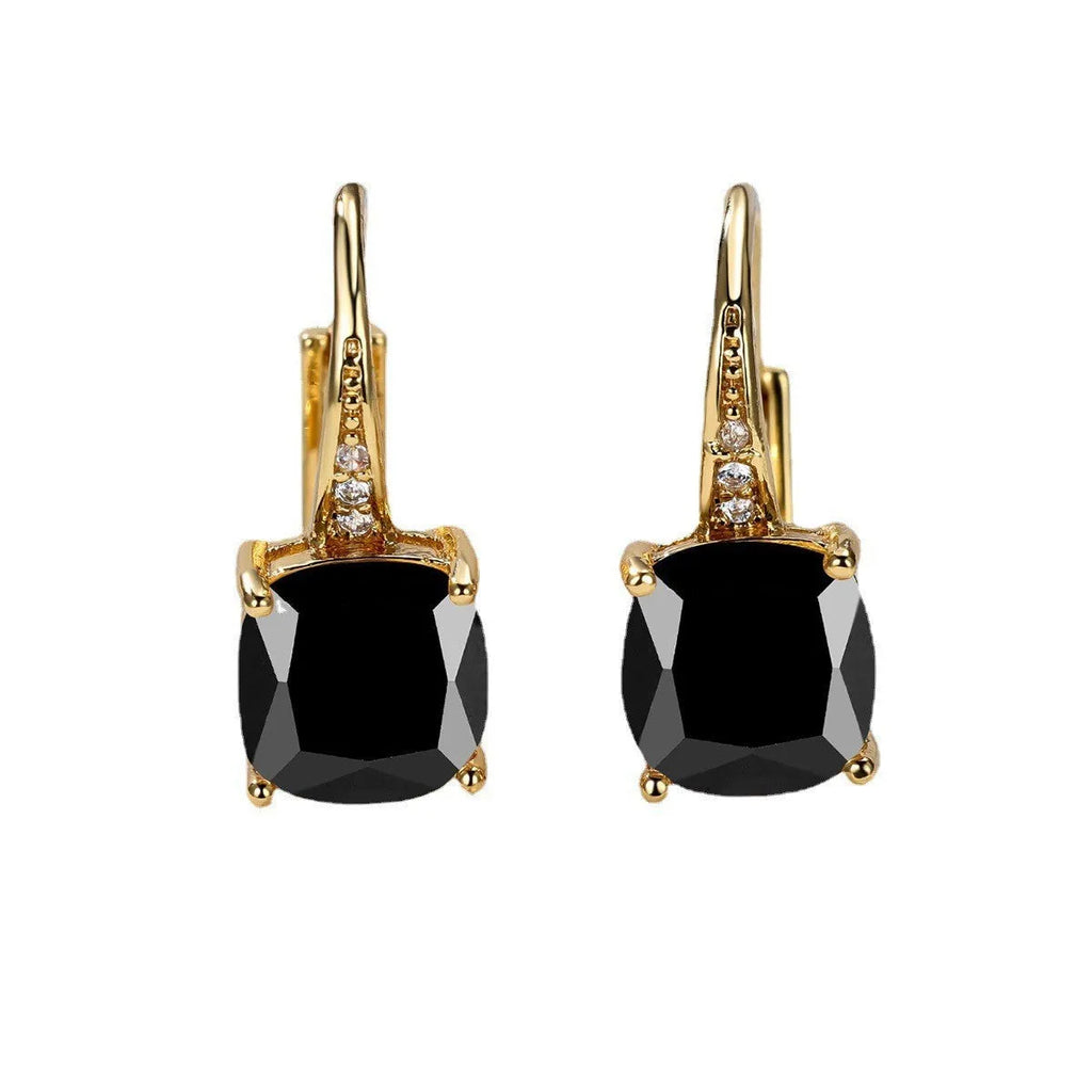 Square geometric zirconia ear hook earrings in a selection of gold, rose gold and platinum plated colours.