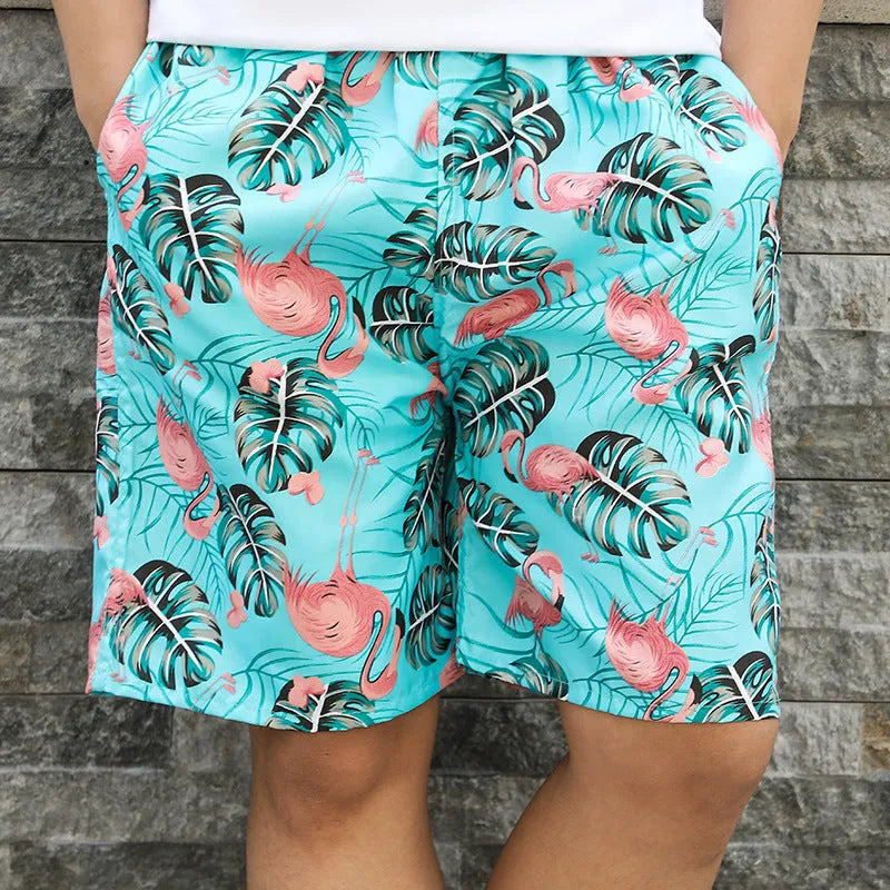 Men's printed five-point swimming trunks with floral pattern in polyester fabric