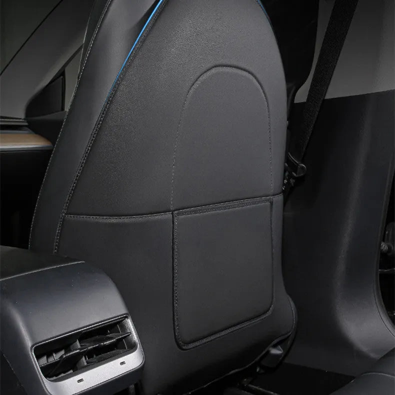 Black leather motorcycle anti kick pad set for seat protection, shown with dimensions.