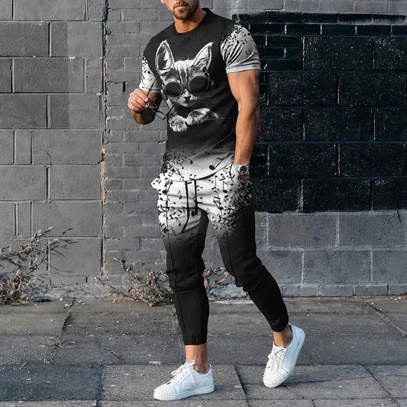 Men's short-sleeved printed pullover and matching trousers set on a neutral background