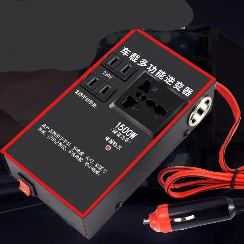 Black 12V 24V to 220V car power converter with AC socket and 4 USB charging ports