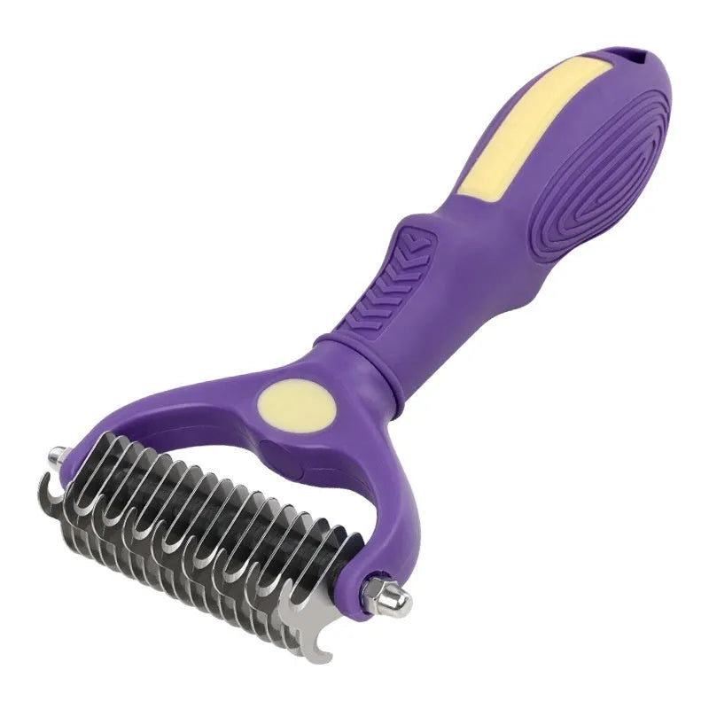 Purple plastic double-sided pet comb for removing knots from dog and cat fur