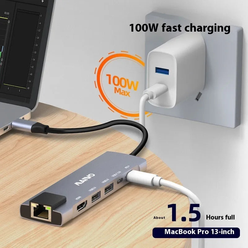 KH06RH1 Steam Deck six-in-one docking station with aluminium shell showing Type-C, HDMI, USB, and ethernet ports