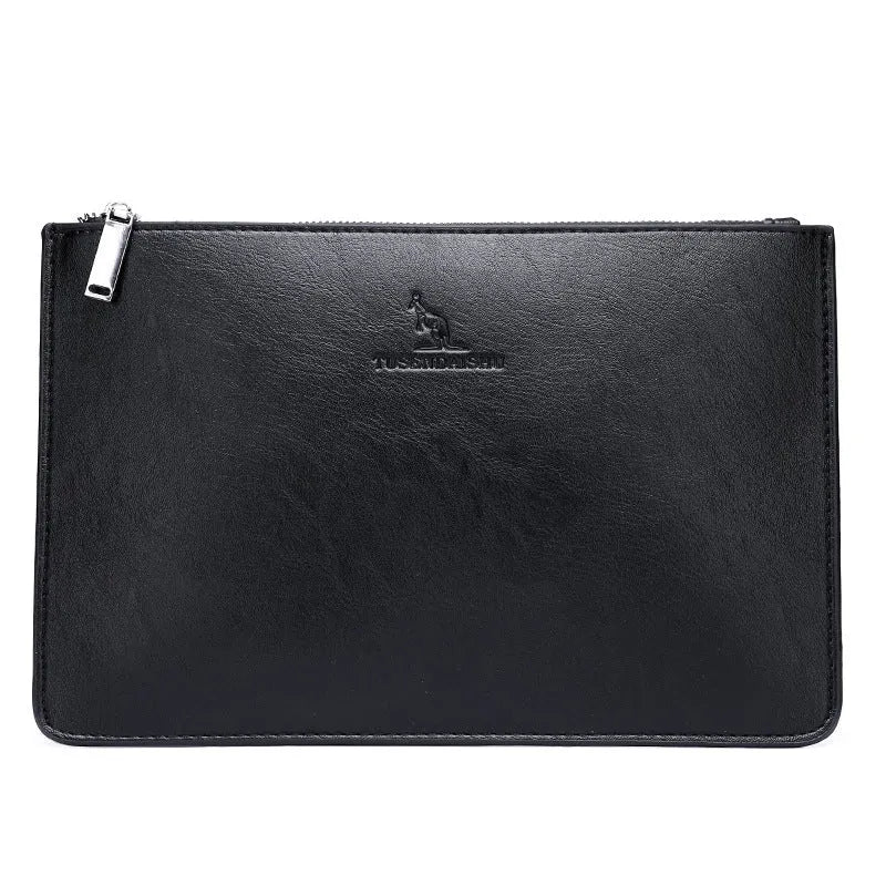 Soft black PU leather men's clutch wallet open to show six card slots, bill compartment, and zipper pocket.