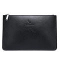 Soft black PU leather men's clutch wallet open to show six card slots, bill compartment, and zipper pocket.