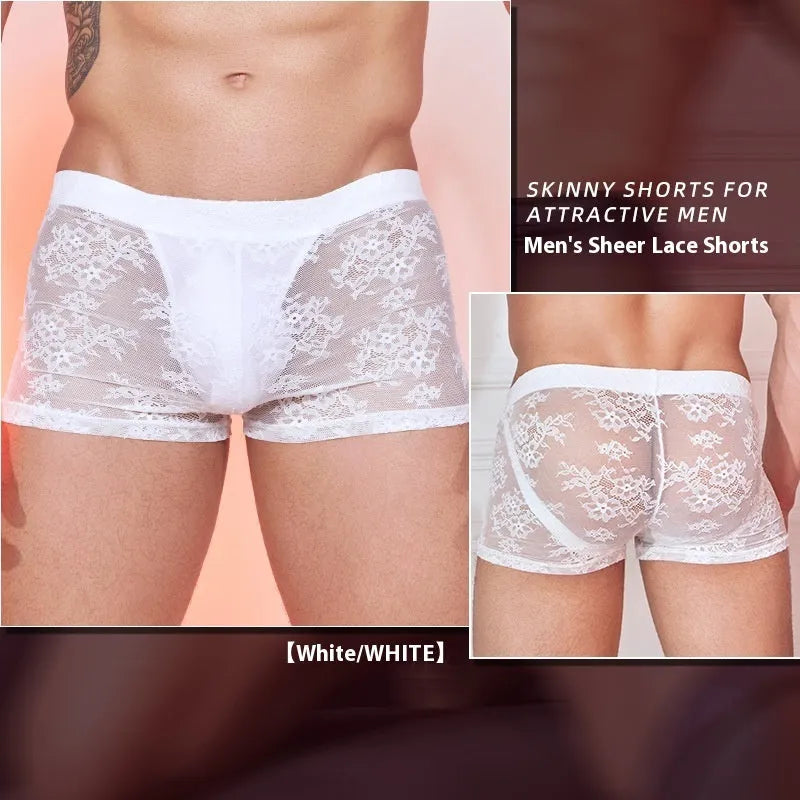 Men's Fashion Personality New Lace boxers in black, white, and red colours, made from nylon fabric.