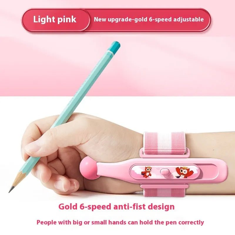 Blue anti-hook wrist brace and pen control corrector for children's writing posture on a table.