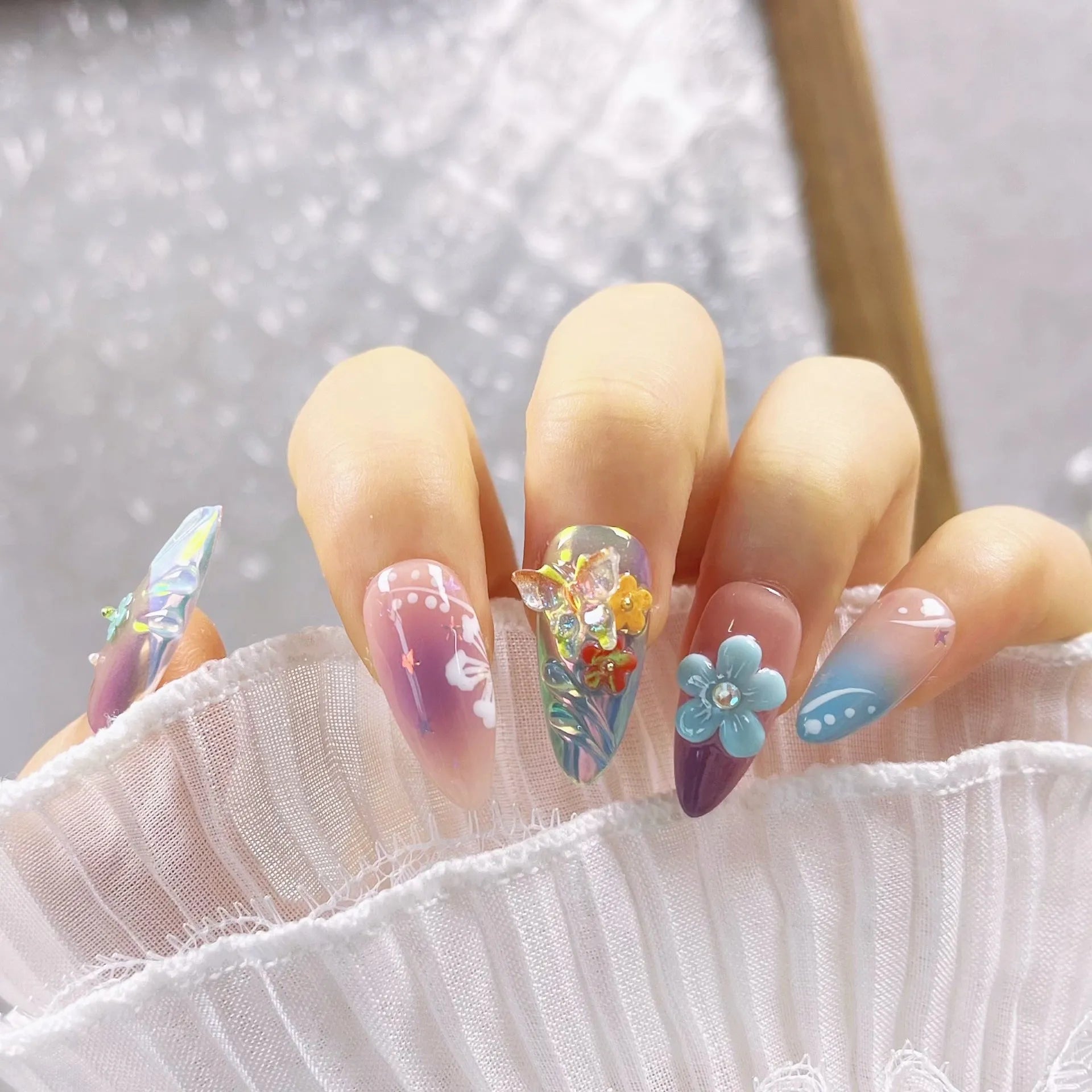 Handmade flower and butterfly nail art sculptures with embossed patterns for manicure decoration