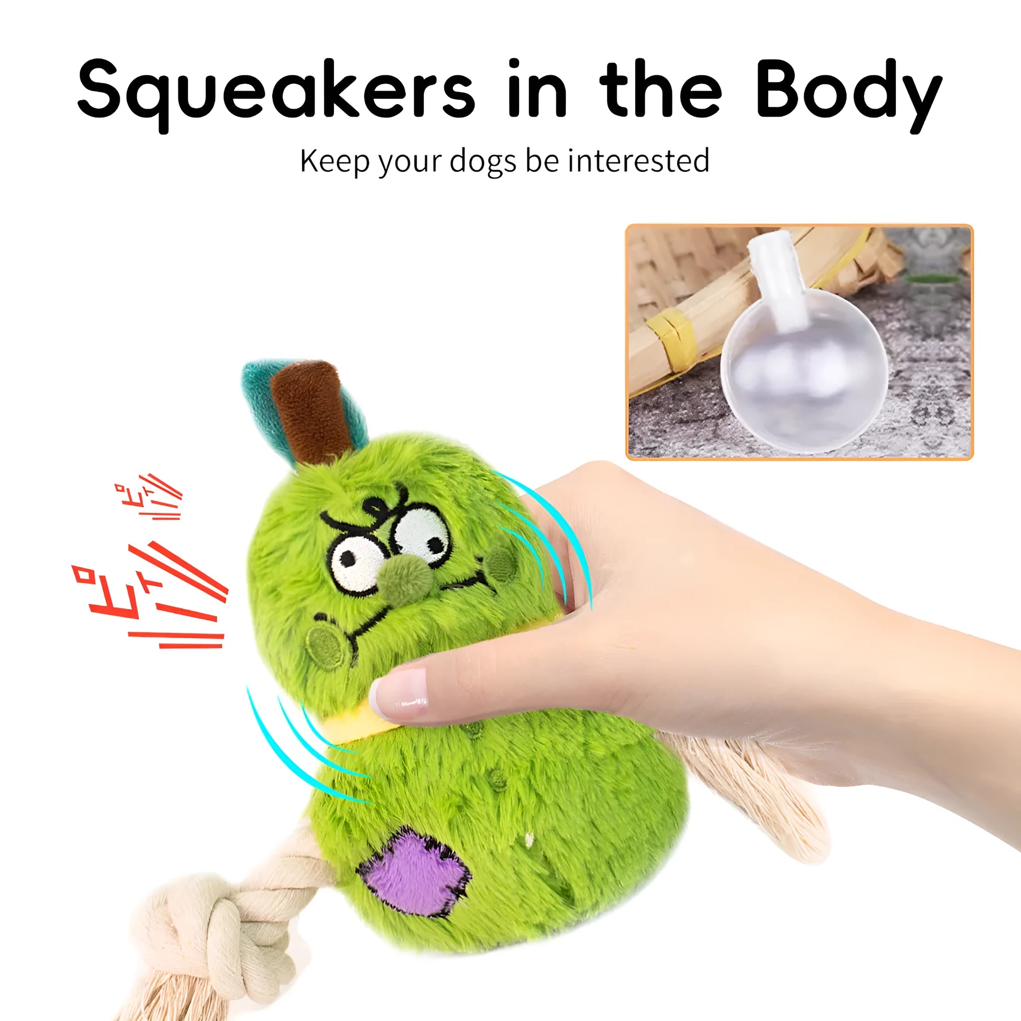 Green and purple interactive plush dog toy with rope knots for tug of war.