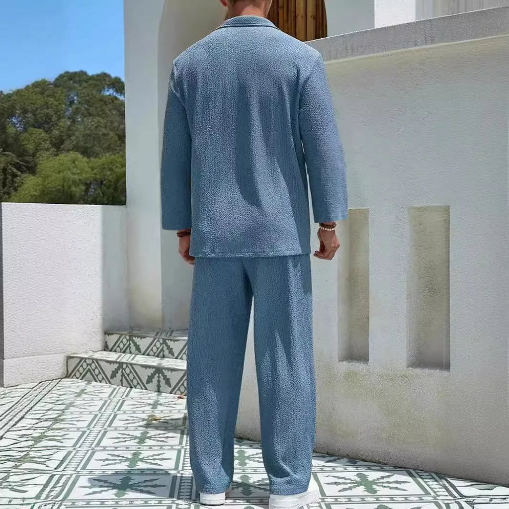 Men's casual shirt and trouser suit in polyester, shown in lake blue, for commuting and leisure wear.