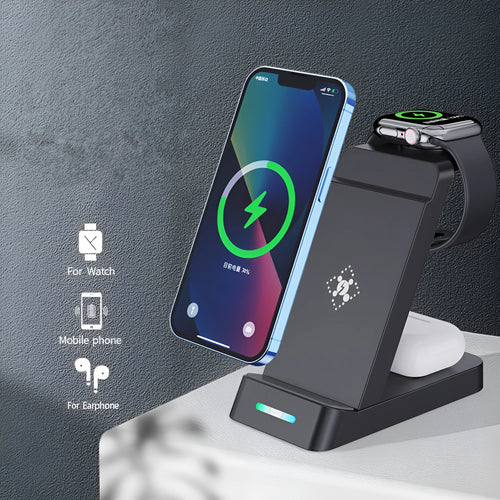 Black or white 3-in-1 wireless charging stand for phone, AirPods and watch, showing phone in stand mode.