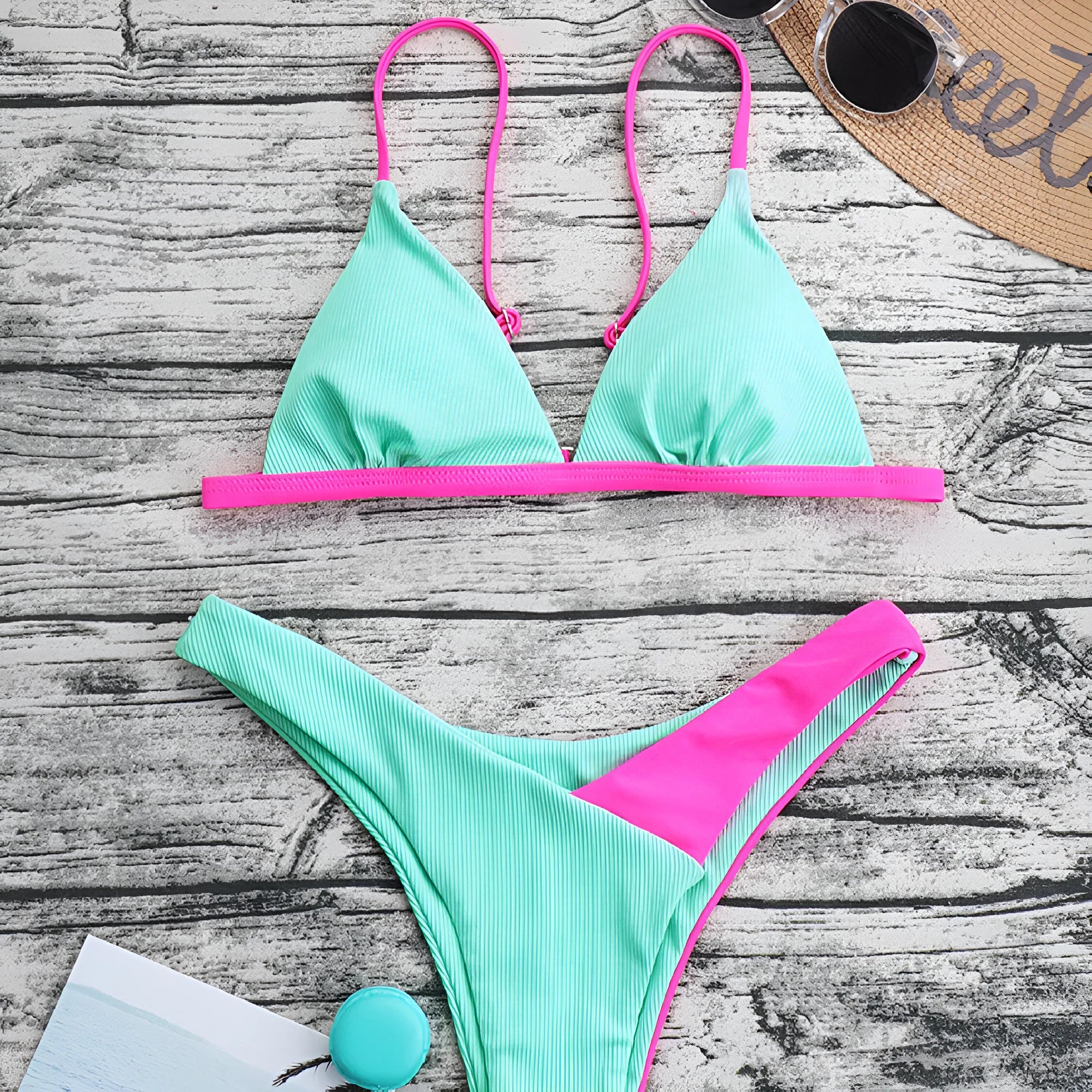 Women's two-piece swimsuit set with briefs-style panties and matching bra in pattern design