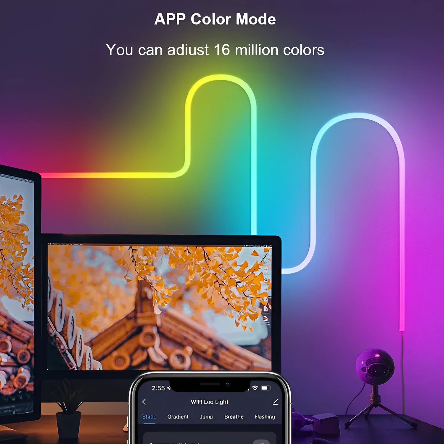 3 metre long RGB neon light strip with remote control and USB power cable