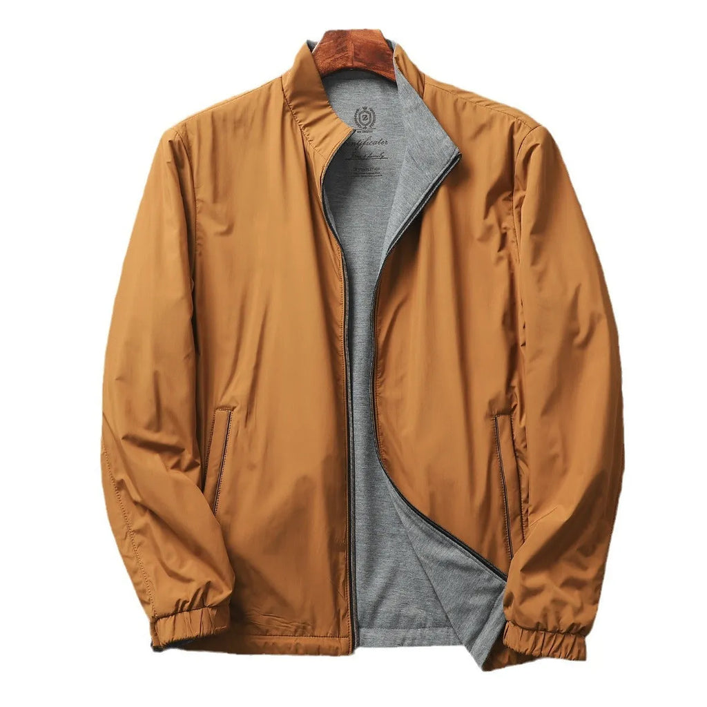 Men's simple stand collar jacket in polyester and cotton blend shown in one of four available colours.