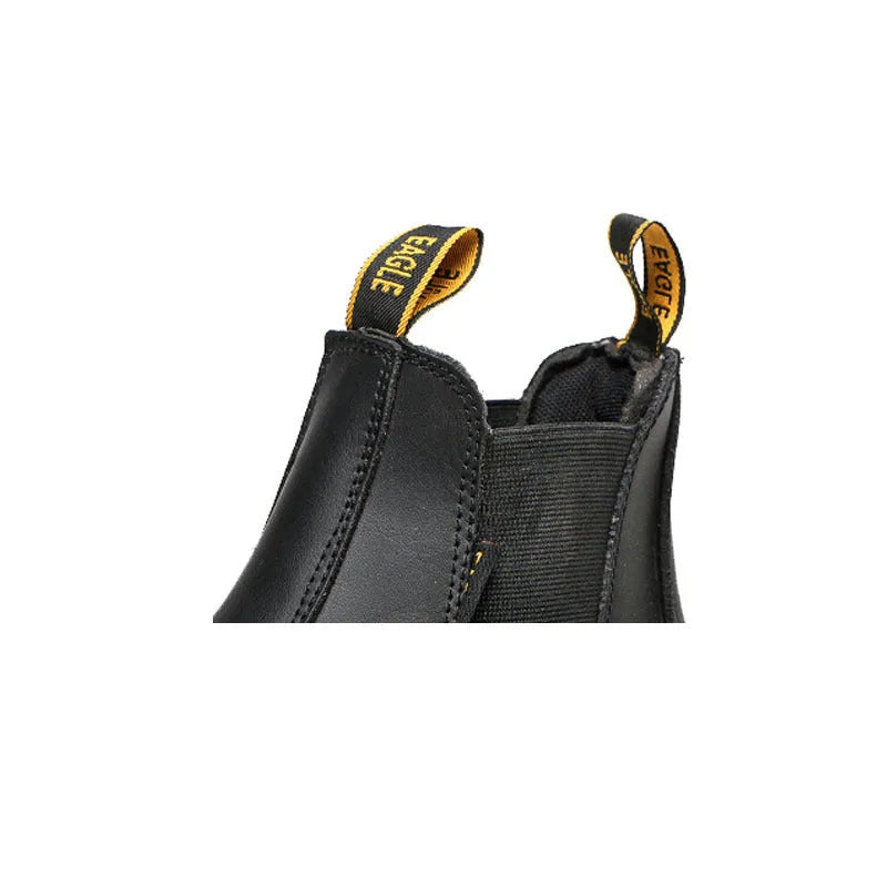 Black leather safety work boots with high-top design and anti-piercing sole protection