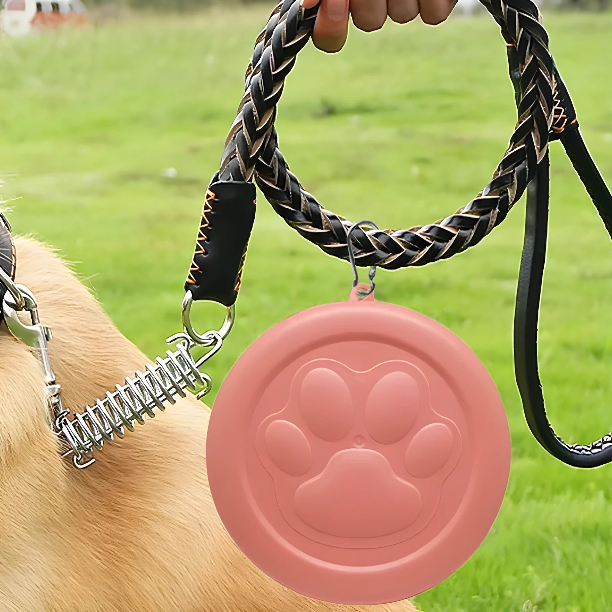 Collapsible silicone portable dog bowl in green and pink colour options