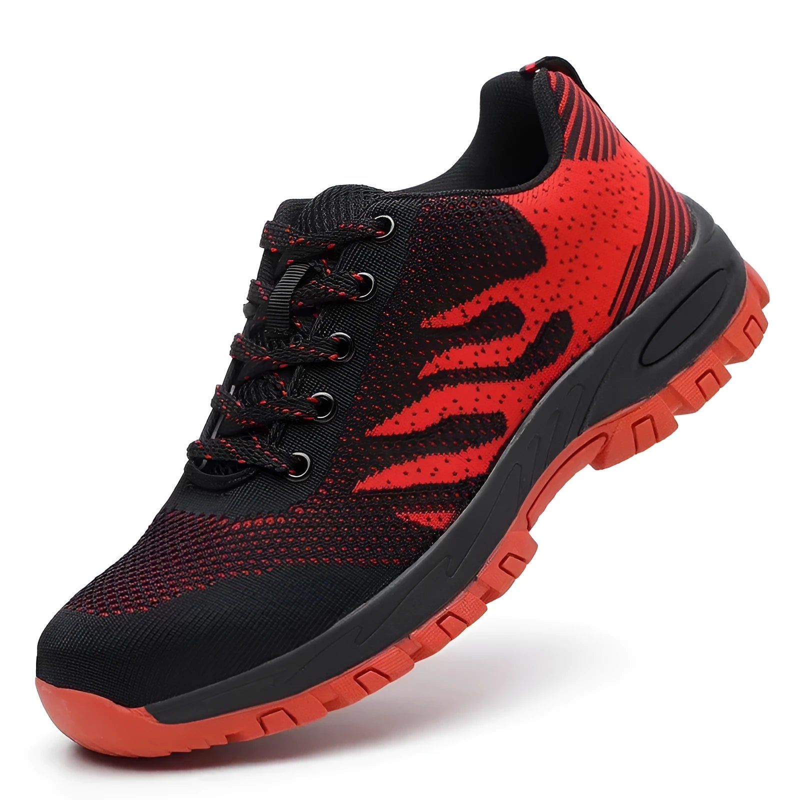 Red low-top safety shoes with a breathable mesh upper and a protective steel toe cap.