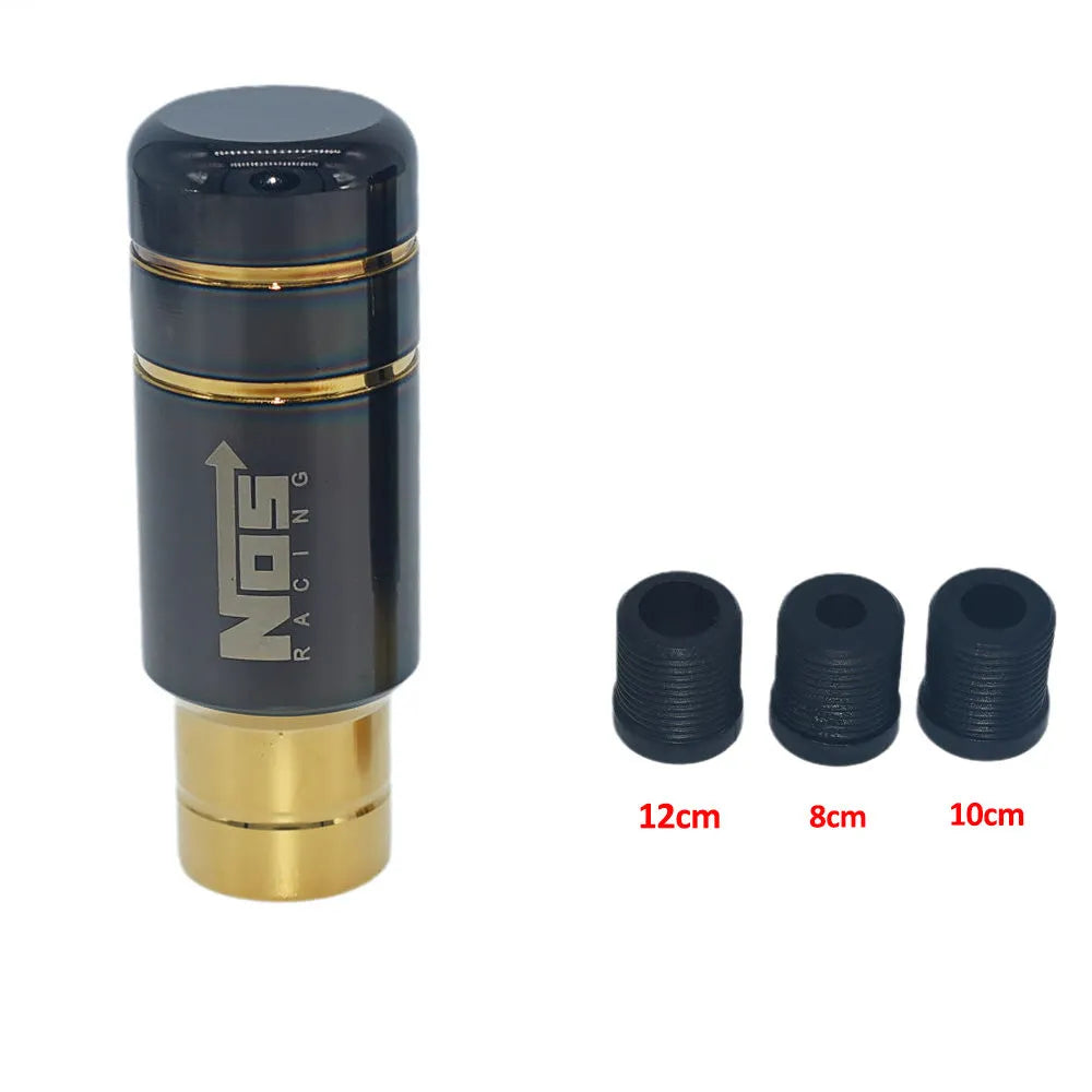 Roasted blue aluminium alloy car gear shift knob with three black rubber fitting sleeves.