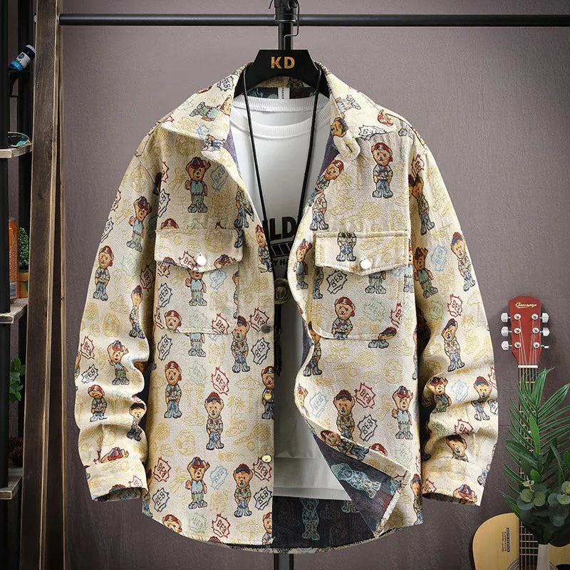 Casual lapel shirt coat in blue with long sleeves and straight hem on a hanger