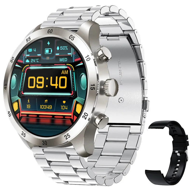 Apple iOS smart watch with Bluetooth calling on wrist, showing bamboo steel strap option.
