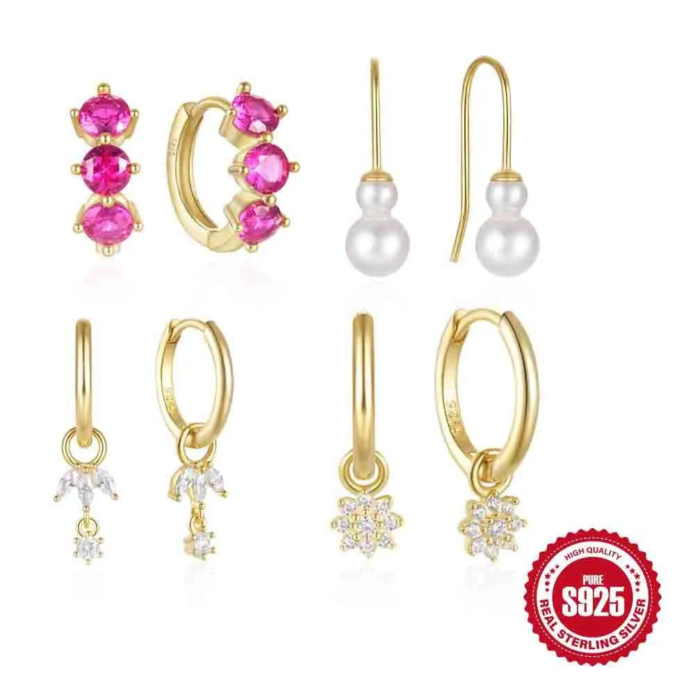 Golden-coloured S925 sterling silver sunflower geometric earrings with three zircon stones