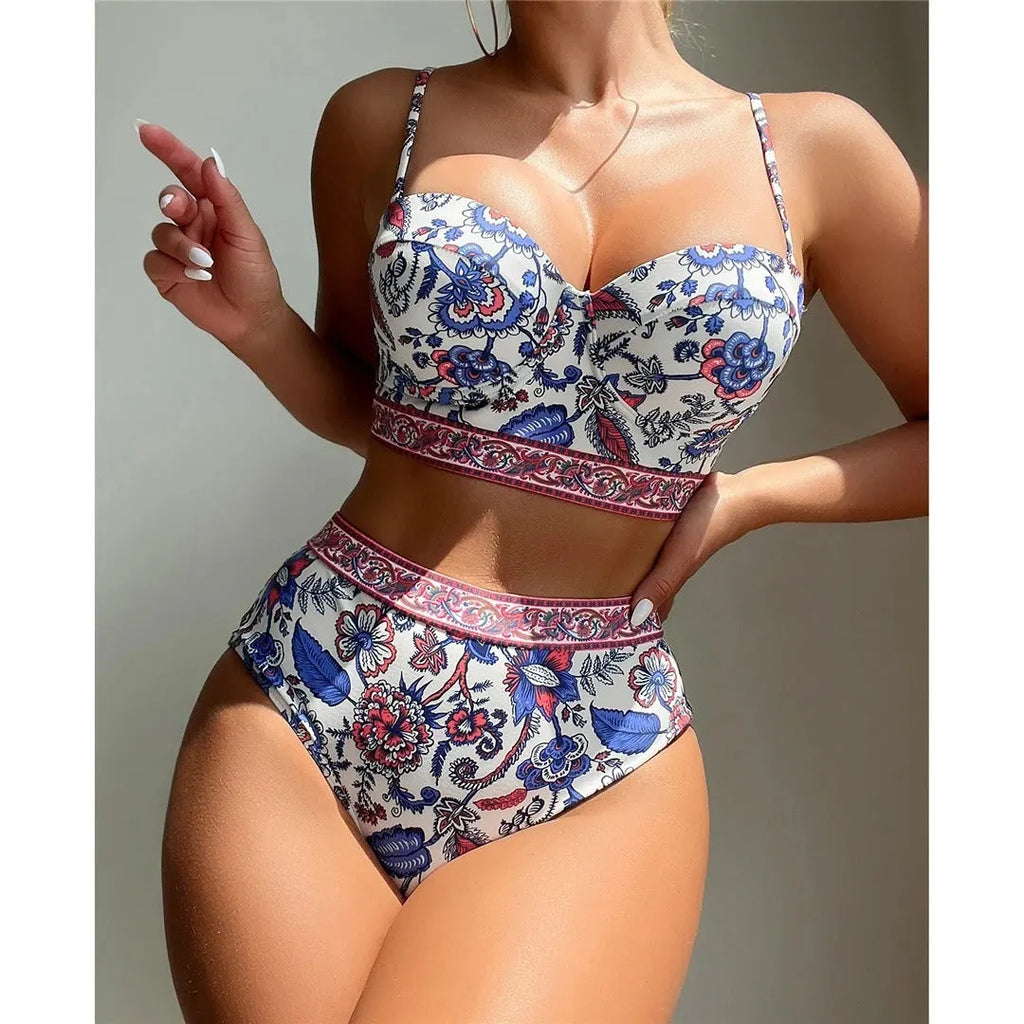 Blue high-waist push-up bikini for women on a mannequin showing front and back views