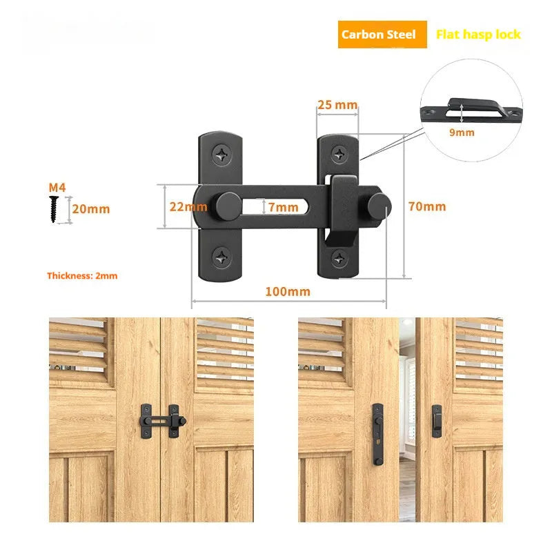 Heavy-duty stainless steel barn door hasp lock with flat shackle, shown at a 90-degree angle.
