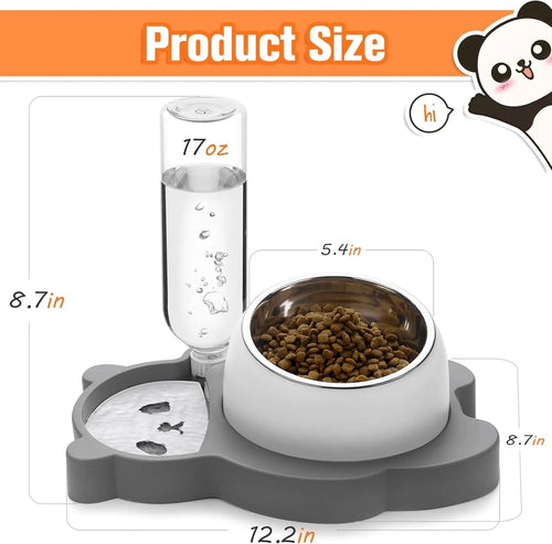 Grey panda-shaped automatic pet water dispenser with tilted stainless steel bowls for cats and small dogs
