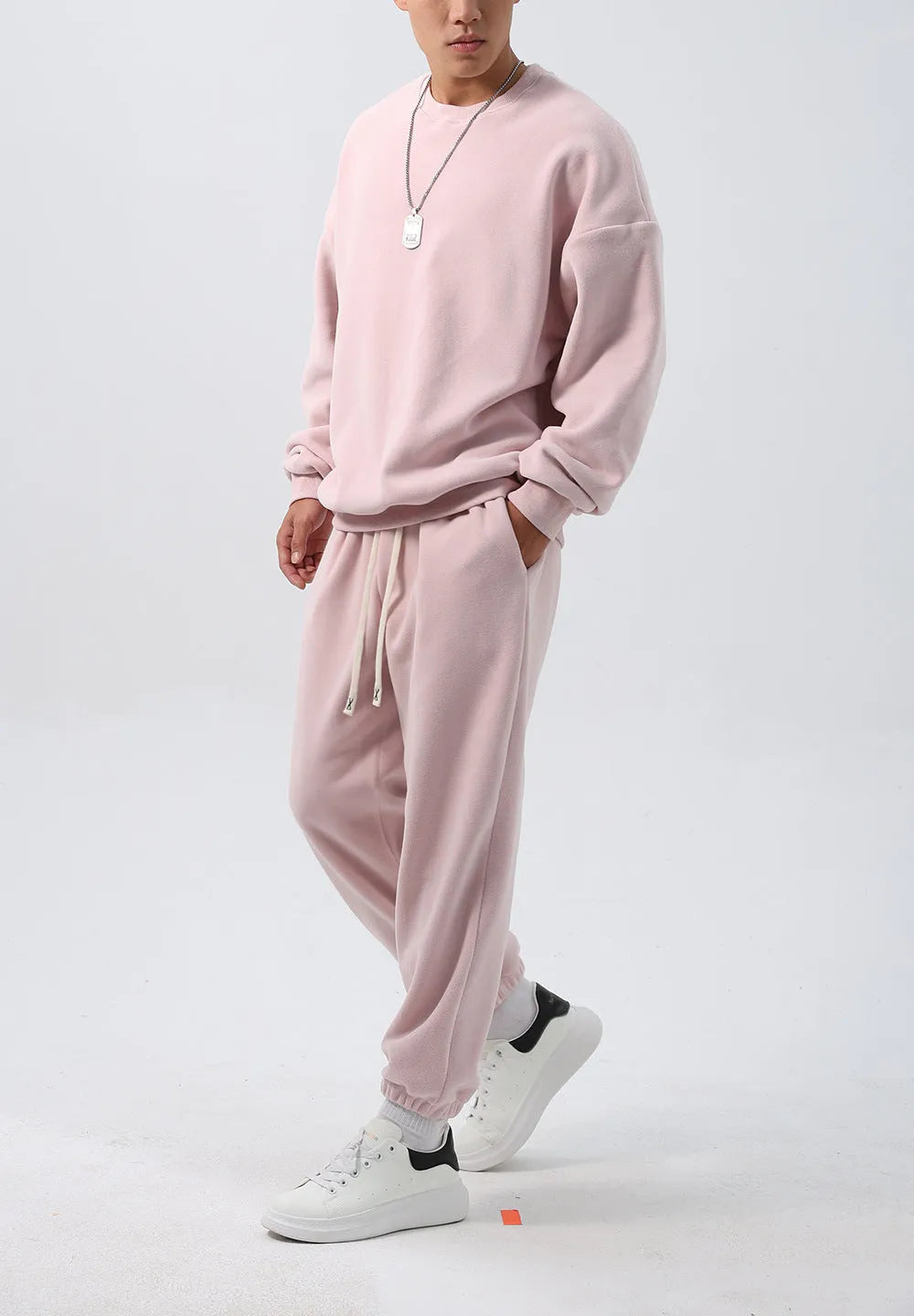 Men's polar fleece winter sports suit in five colour options showing crew neck top and matching trousers