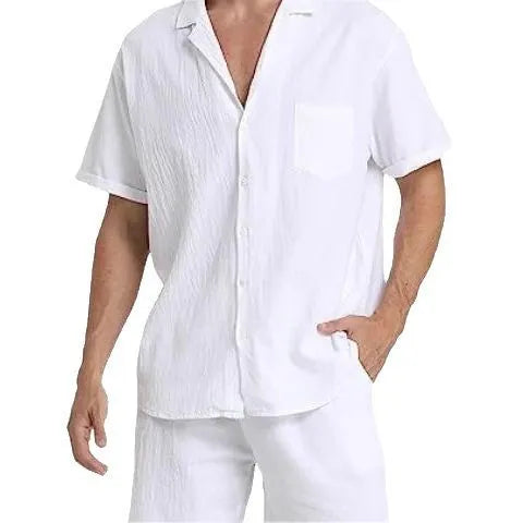 Men's flax short-sleeved top and shorts set for summer sports in army green.