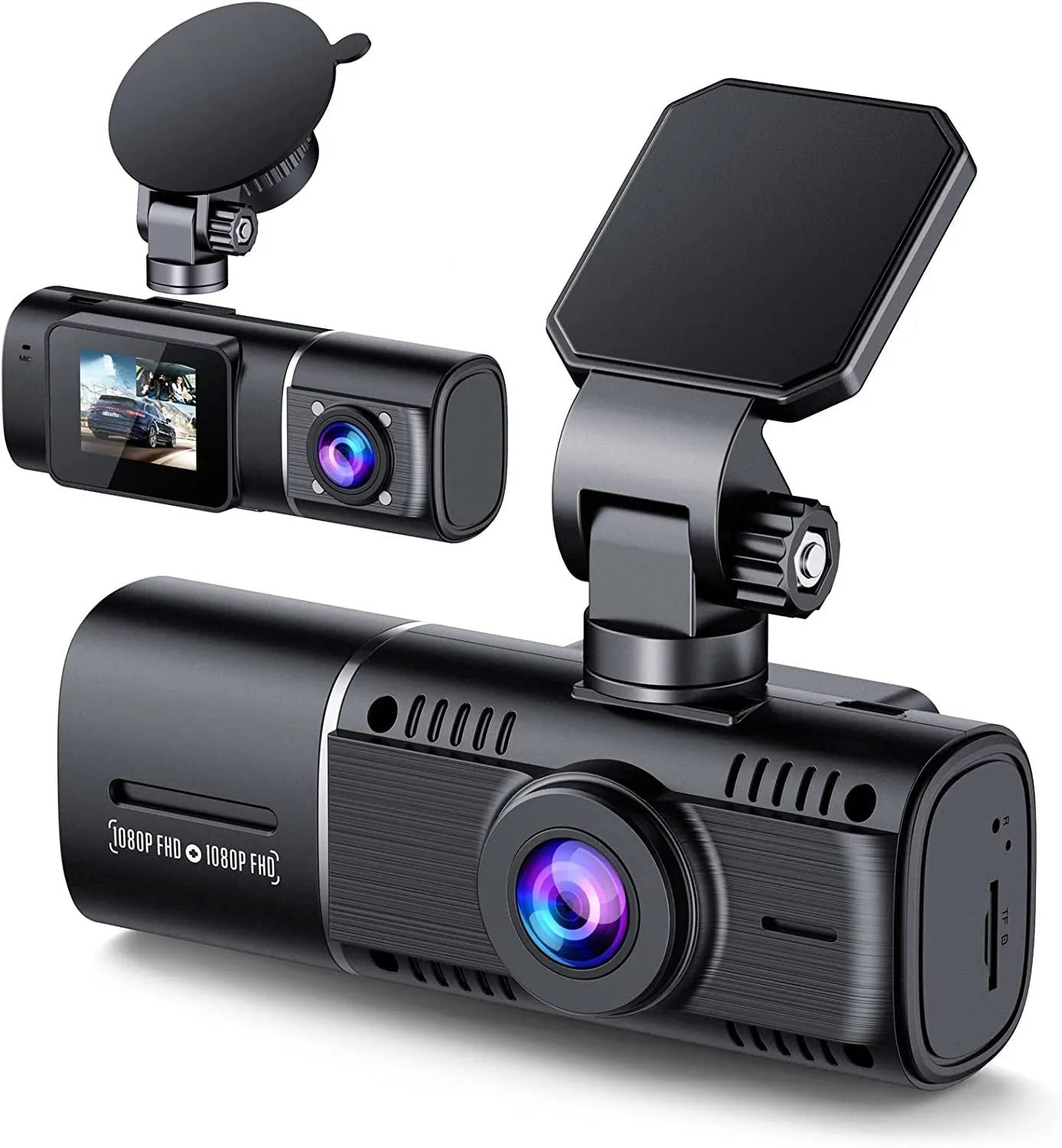 Black dual-channel dashcam car camera with front and rear recording for vehicle security