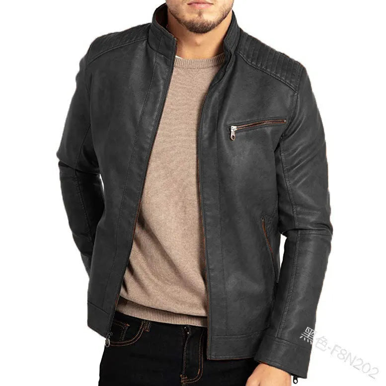 Men's punk-style artificial leather motorcycle jacket with stand collar in multiple colour options