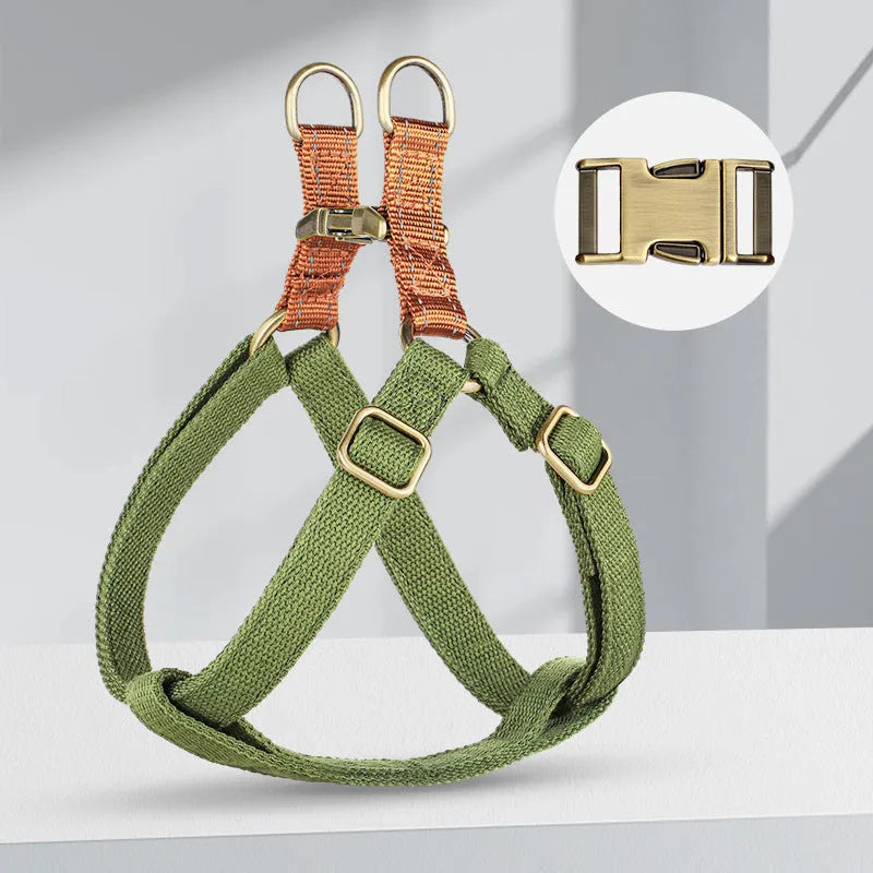 Brown vest-style dog leash with cotton belt and alloy fasteners