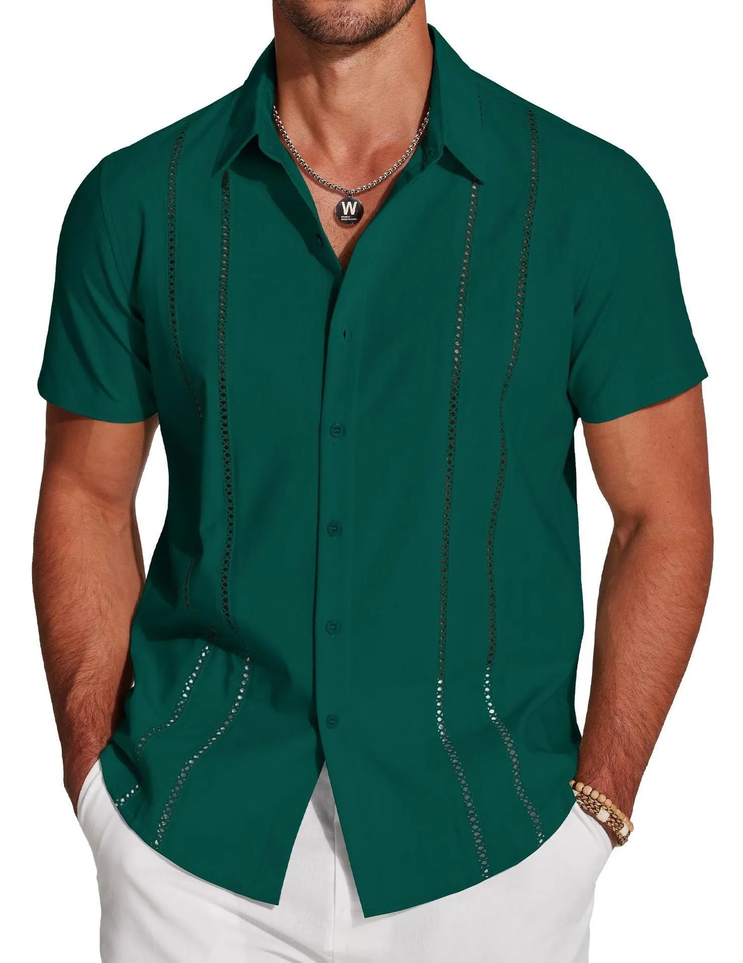 Men's slim fit Hawaiian short sleeve shirt with digital printed pattern and elastic polyester fabric