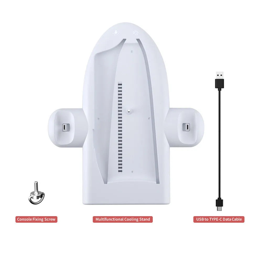 White PS5 Slim charging base with RGB lighting and cooling fan dimensions 29x22.8x3cm