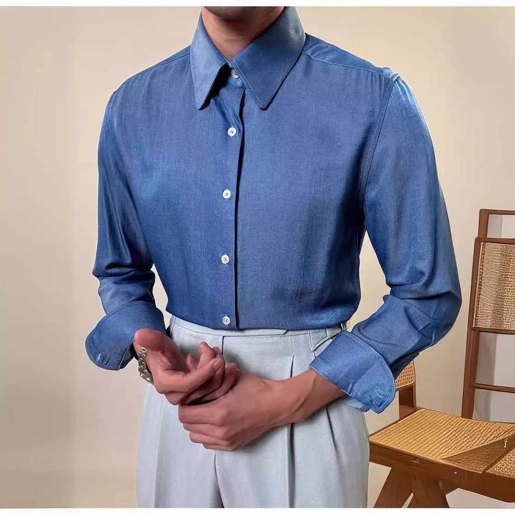 Men's blue long sleeve shirt with round collar and slim fit design