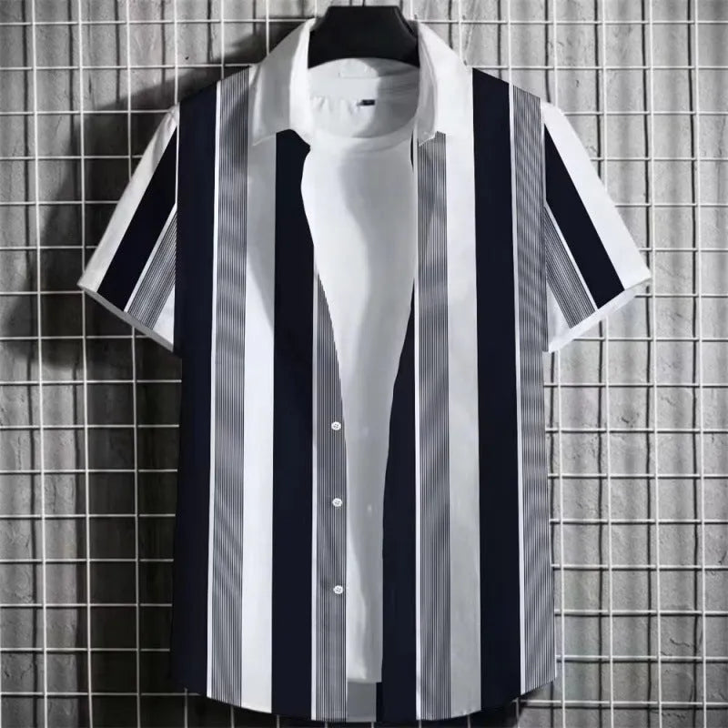 Men's striped linen short sleeve t-shirt with 3D printing design in multiple colour options
