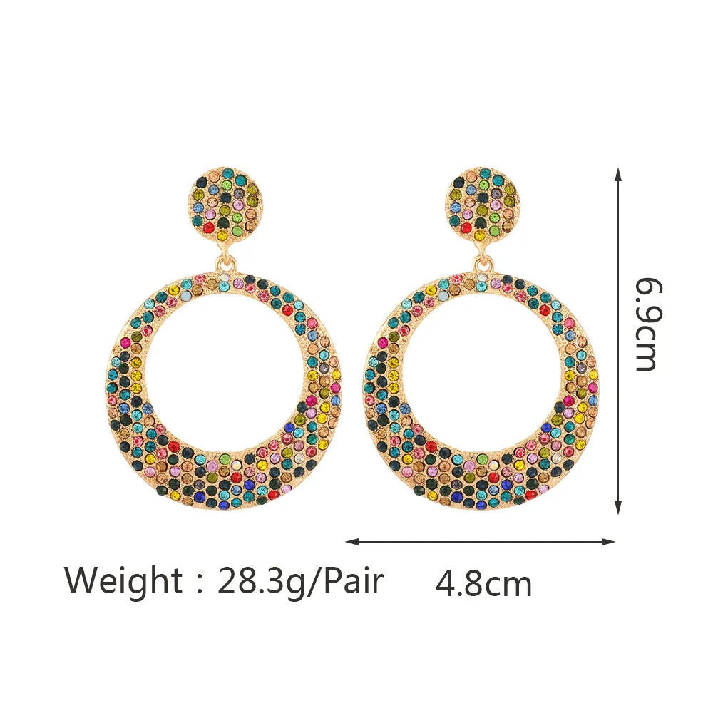 Large round pendant earrings with colourful diamond decoration in cartoon style design