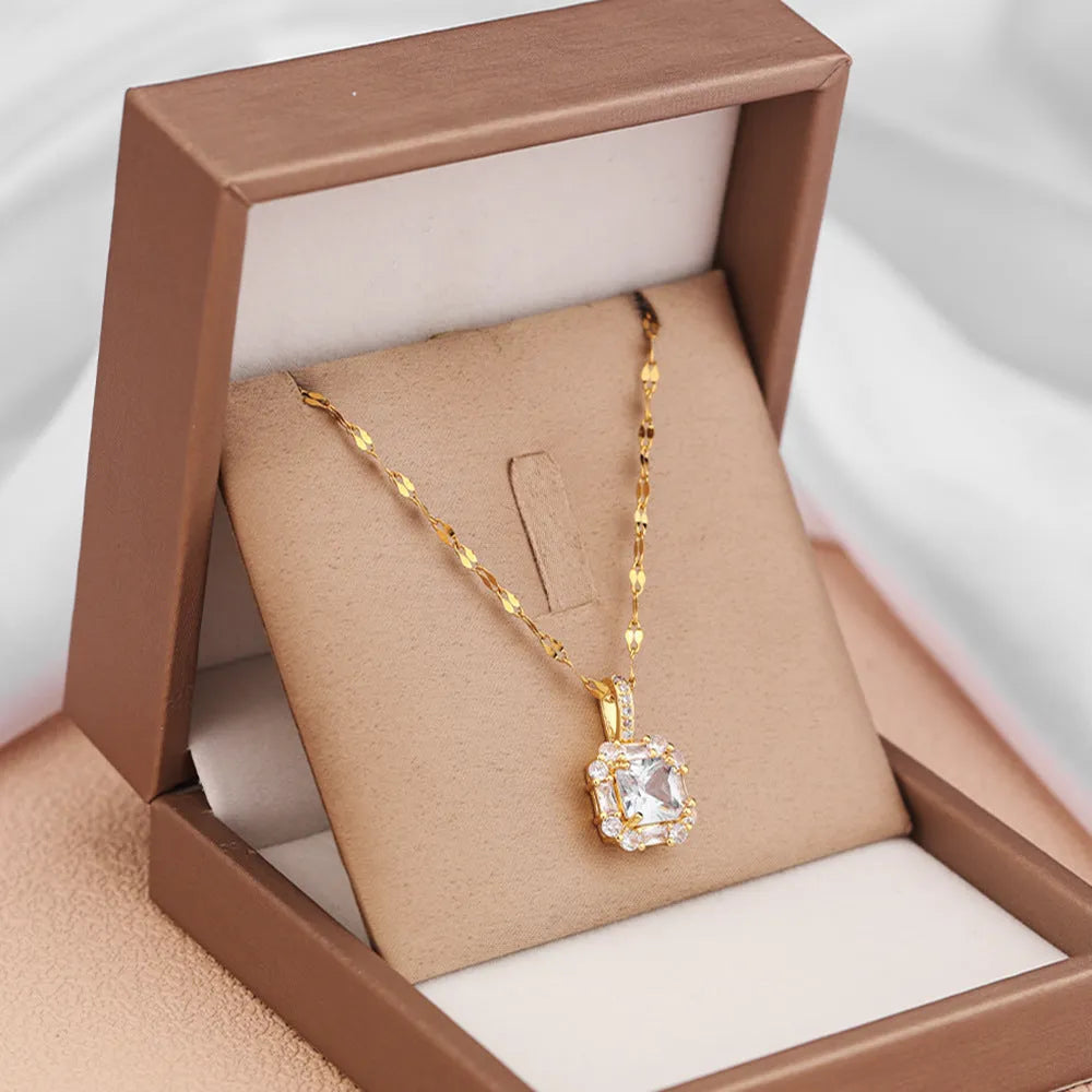 Women's titanium steel clavicle chain with geometric zircon and gemstone pendant