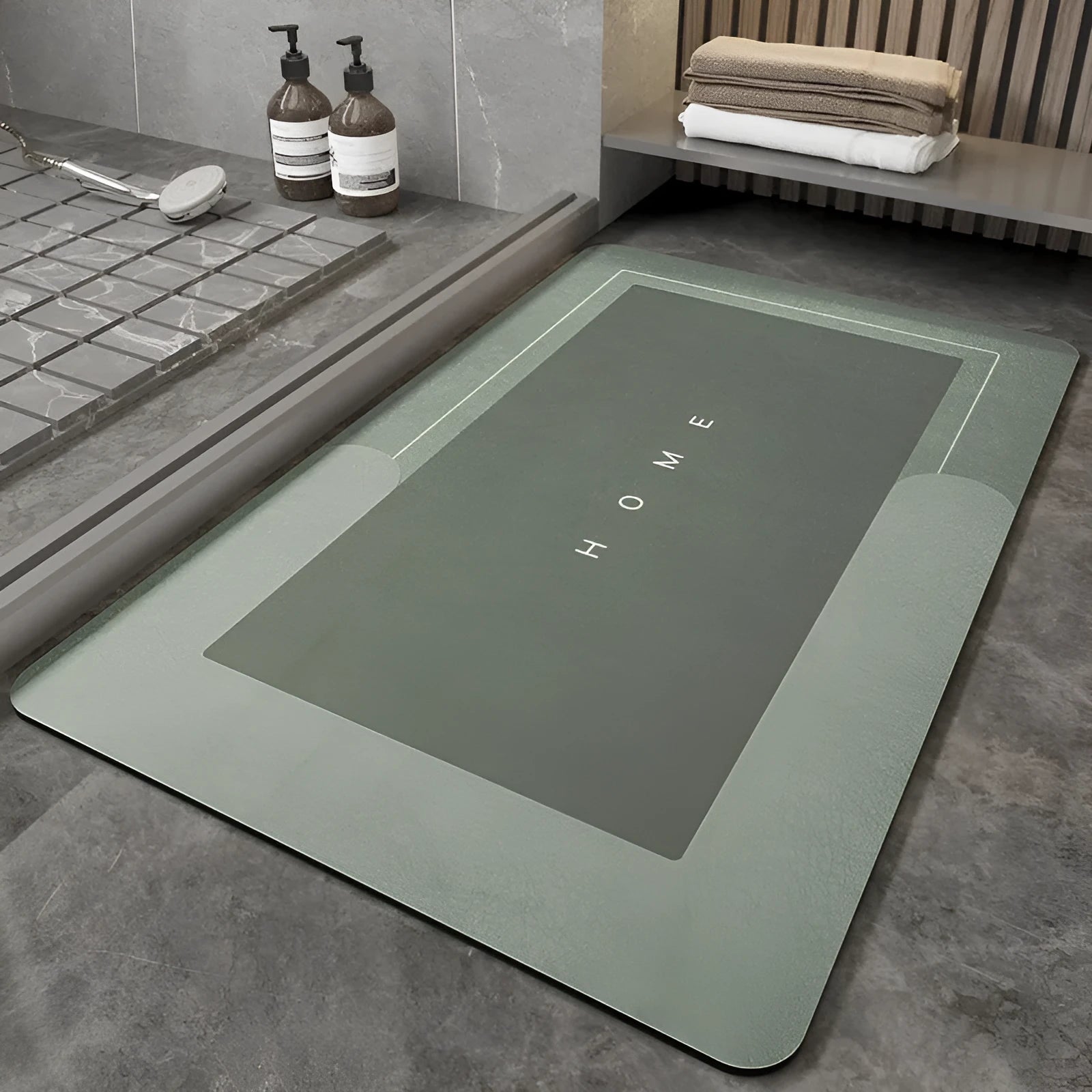 Blended fabric bathroom floor mat in oval and rectangular shapes on a tiled floor.