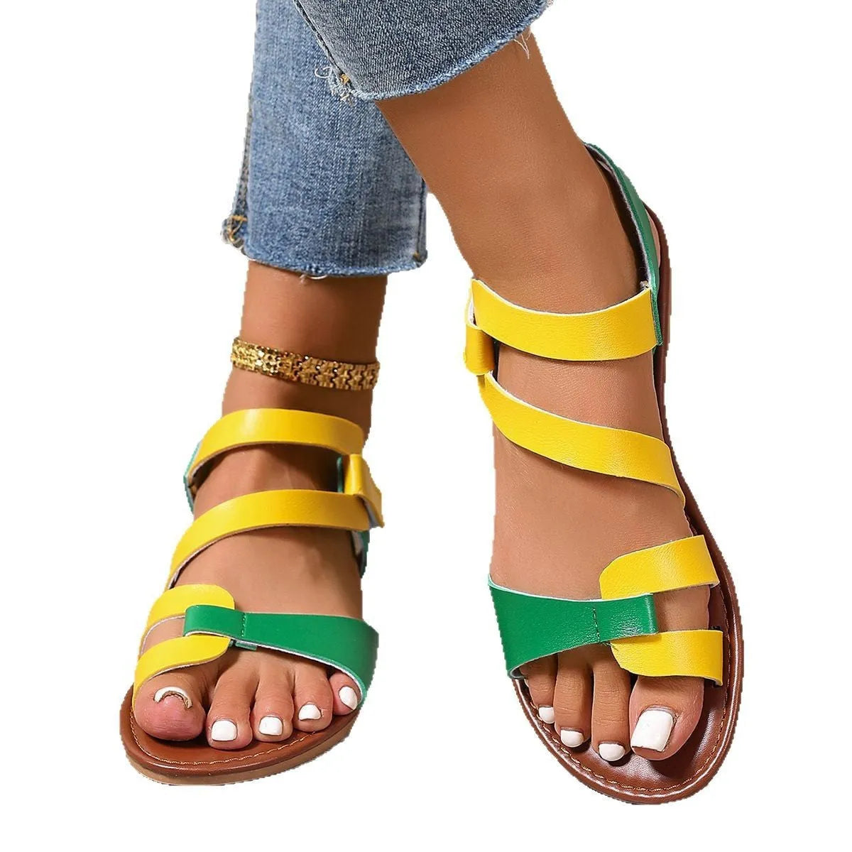 Women's black flat sandals with round toe and adjustable Velcro fastening strap.
