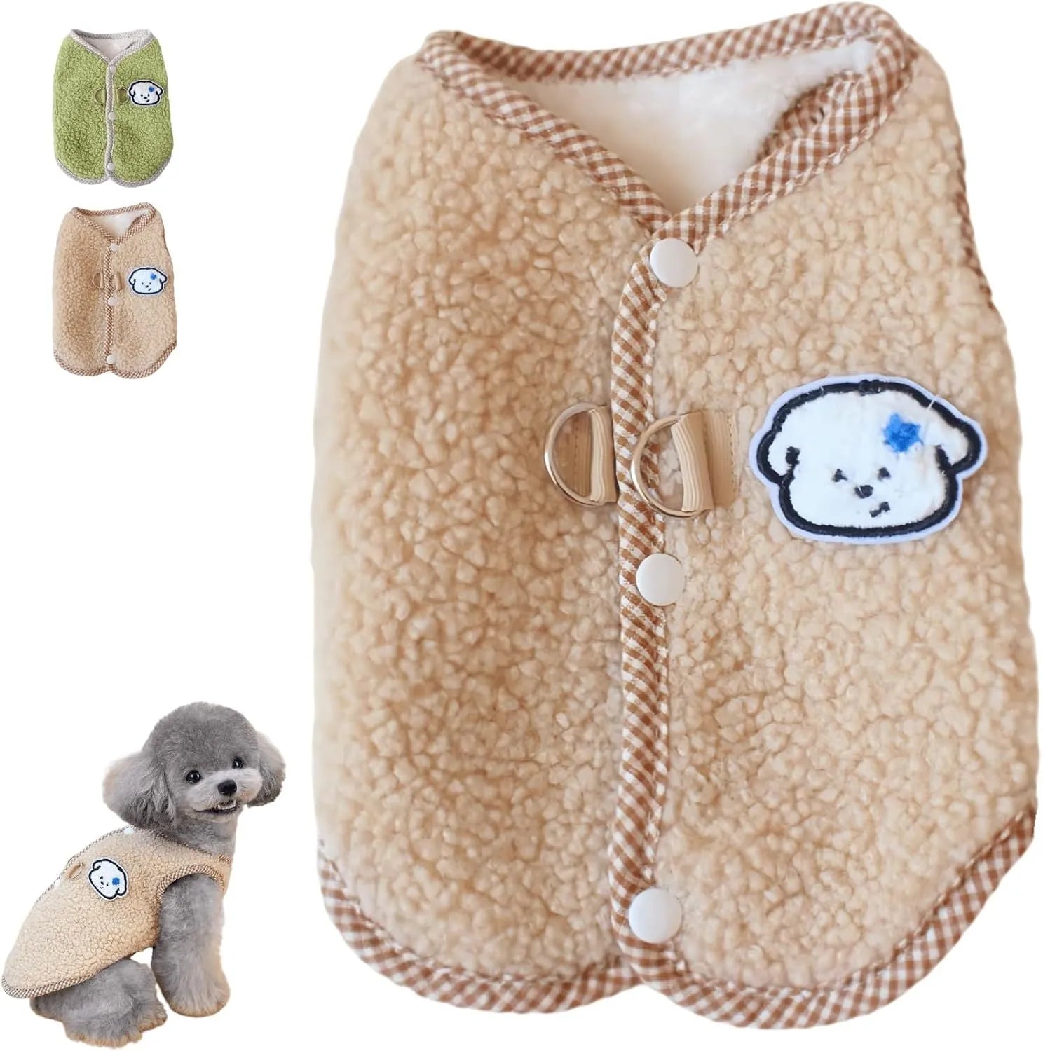 Green thickened coral fleece dog vest with a metal leash ring on the back, sized for a small dog.