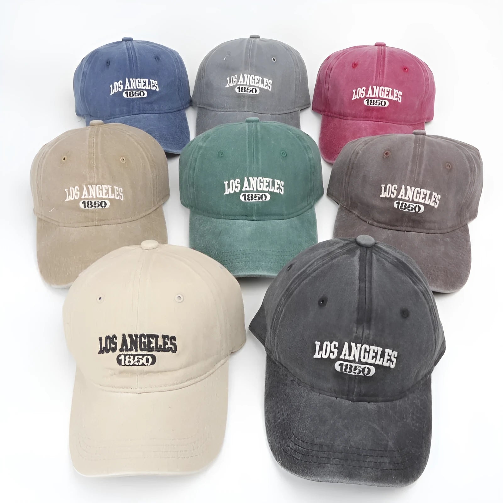 Personalised embroidered retro-style peaked cap in distressed beige with adjustable strap