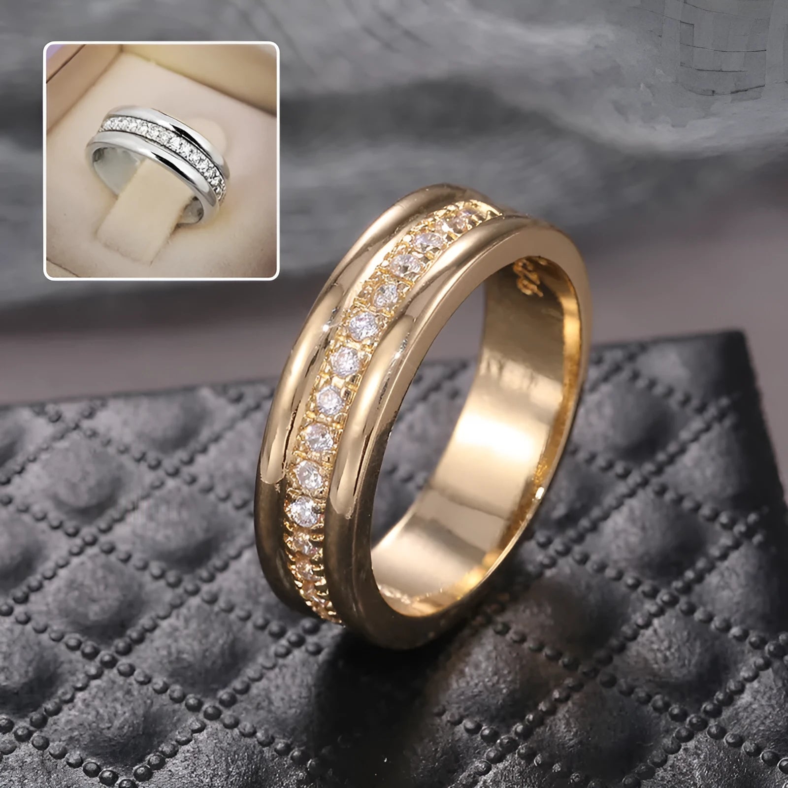 Copper ring with gold plating and inlaid zircon stones geometric design gold colour