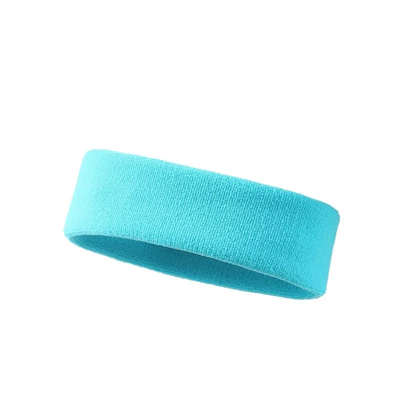 Elastic solid colour sports anti sweat headband shown in blue, red, black, rose red, and sky blue.