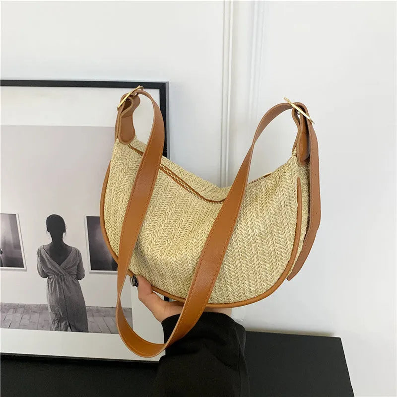 Women's straw woven crossbody bag with internal phone and file organisers in corrugated brown