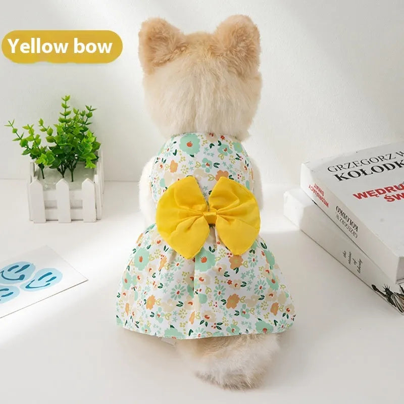 Summer pet dress with floral butterfly knot design in multiple bow colours for dogs and cats
