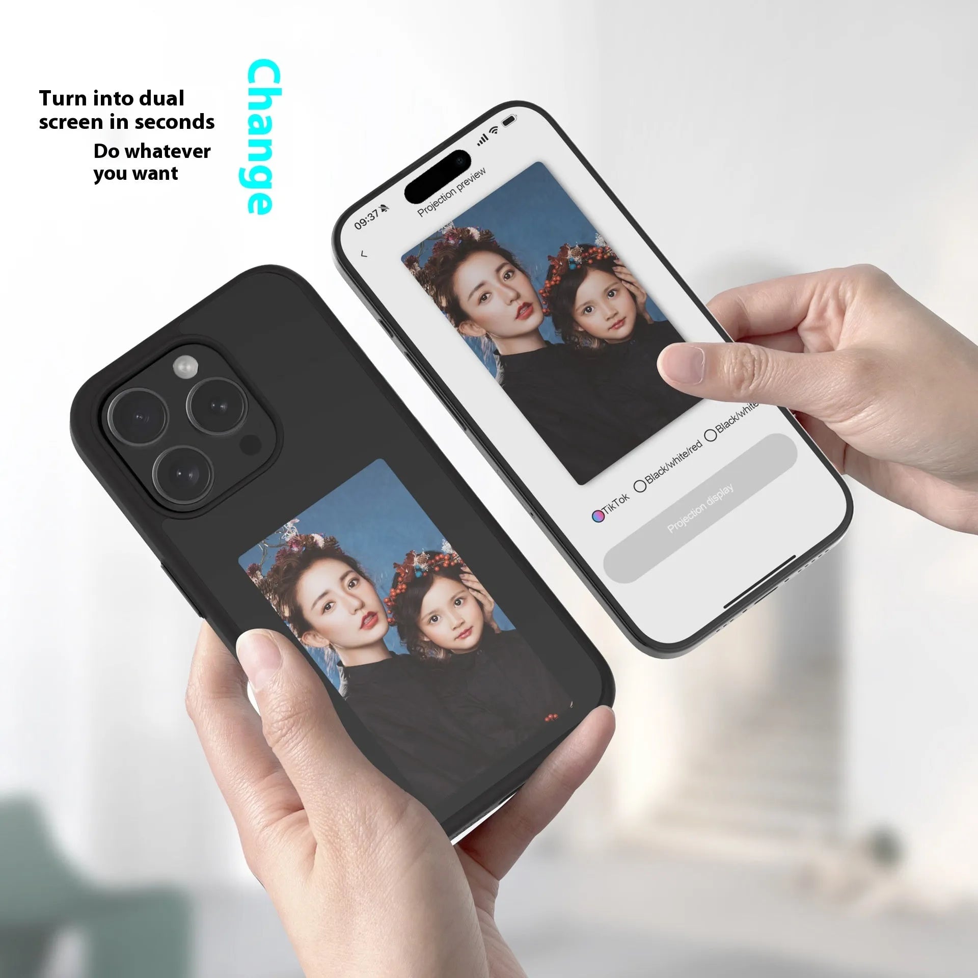 TPU phone case with DIY projection screen four-colour display and mirror finish for iPhone 14 Pro