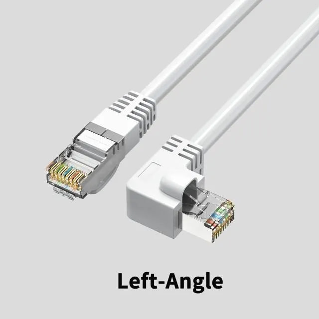 Right-angled Cat6 Ethernet cable with metal connector in various colours including black, red, and yellow.
